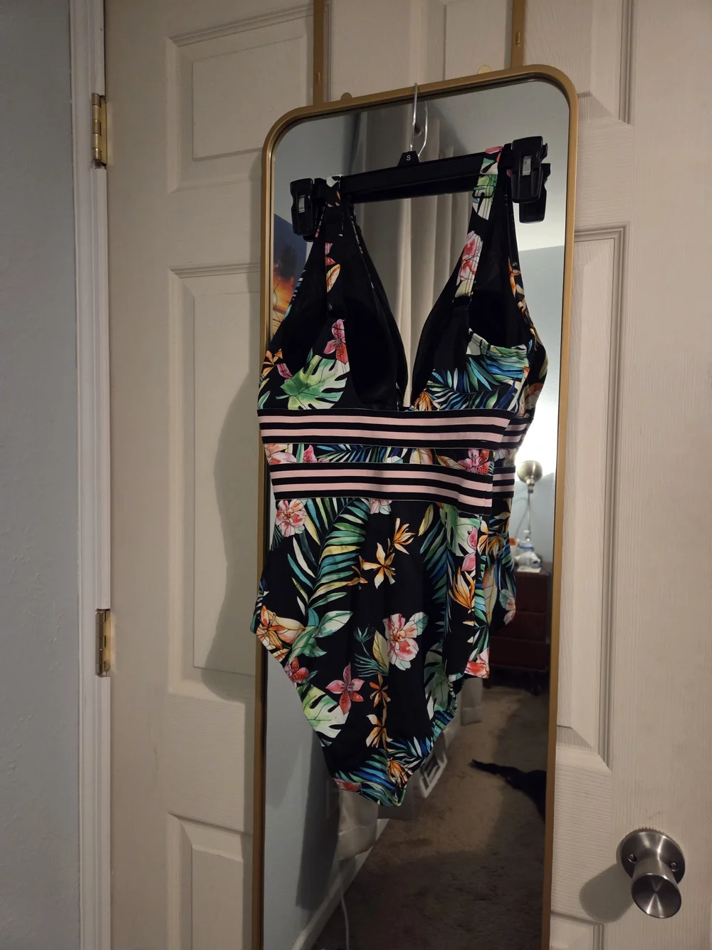 Swimsuits For All Black Tropical Floral One-Piece with Pink Stripes-Size 10